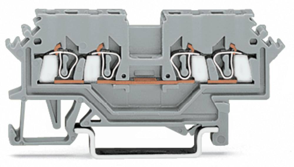 Grauer elektrischer Reihenklemmenblock mit vier Verbindungsstellen, geeignet für industrielle Anwendungen.