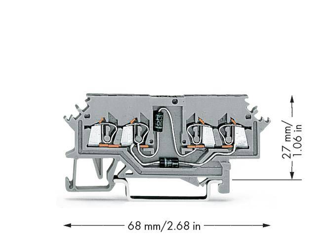 Ein Querschnitt eines elektrischen Reihenklemmenblocks mit Abmessungen: Breite 68 mm (2,68 Zoll), Höhe 27 mm (1,06 Zoll).