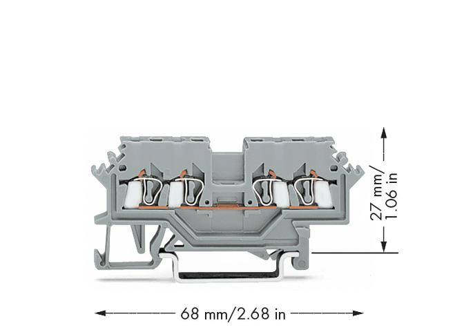 Graue zweistöckige Reihenklemme mit den Maßen 68 mm Breite und 27 mm Höhe.