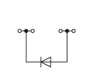 Schaltsymbol zeigt eine Diode in Vorwärtsrichtung. Links und rechts befinden sich Verbindungspunkte, die elektrische Leitungen darstellen.