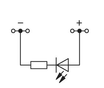 Elektronisches Schaltbild mit Diode, Widerstand und symbolischen Anschlüssen für Stromfluss von negativ zu positiv.