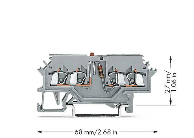 Elektrische Klemme mit Maßen: Breite 68 mm und Höhe 27 mm, zeigt interne Anschlusskomponenten.