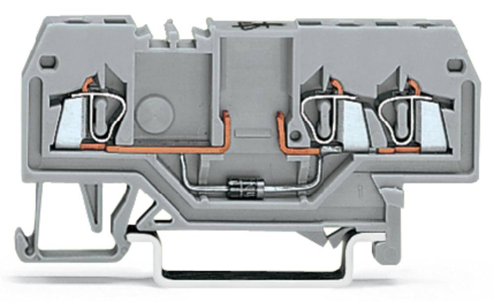 Eine graue elektrische Klemme, die zwei Leitungsverbindungen zeigt. Kupferdrähte verlaufen von links nach rechts.