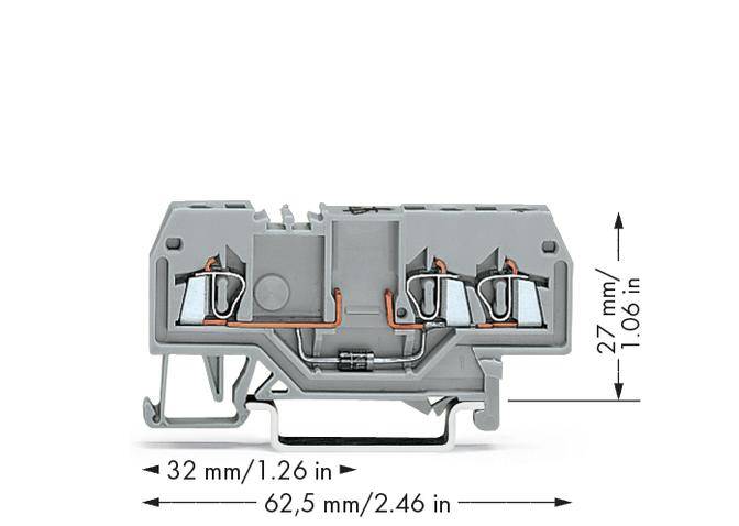 Ein grauer elektrischer Steckklemmenblock mit einer Länge von 62,5 mm, einer Breite von 32 mm und einer Höhe von 27 mm.