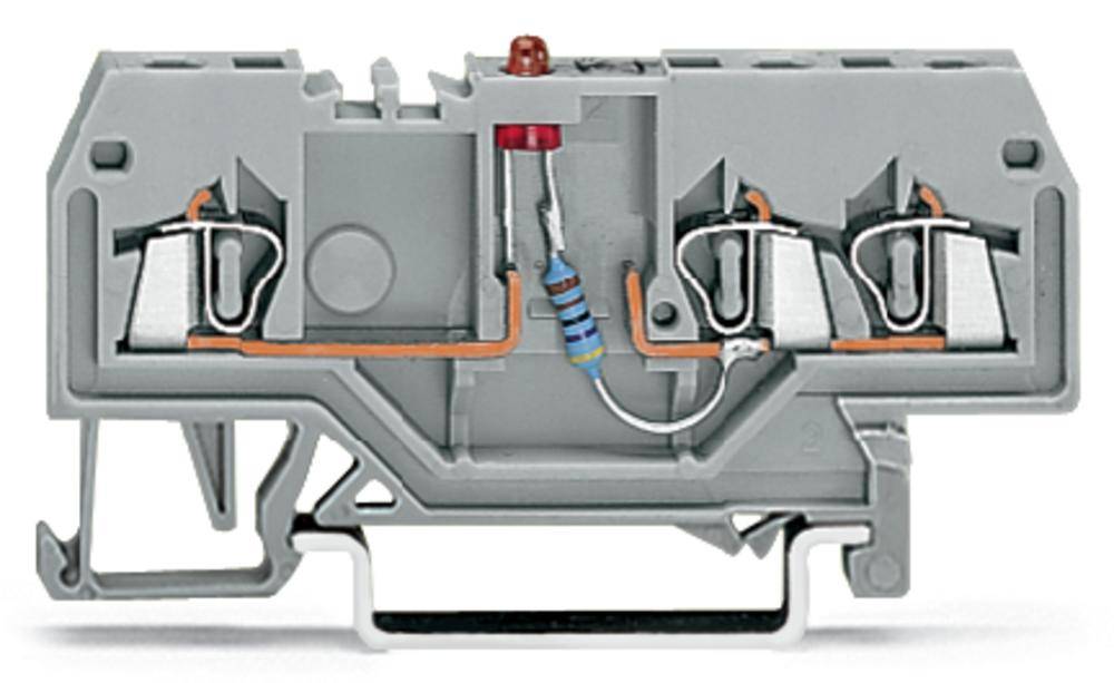 Industrieklemme in Grau mit Metallkomponenten und einem Widerstand, verwendet zum Verbinden von elektrischen Leitern in Schaltschränken.