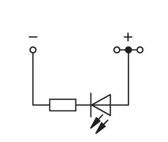Schaltplan mit einer Diode und einem Widerstand, die in einer einfachen Serie verbunden sind, zeigt den Fluss von negativer zu positiver Spannung.