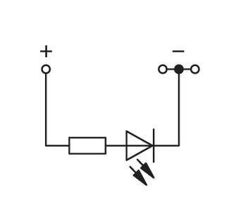 Elektrisches Schaltbild zeigt eine Reihenschaltung mit Batterie, Widerstand, Diode und LED in Flussrichtung.