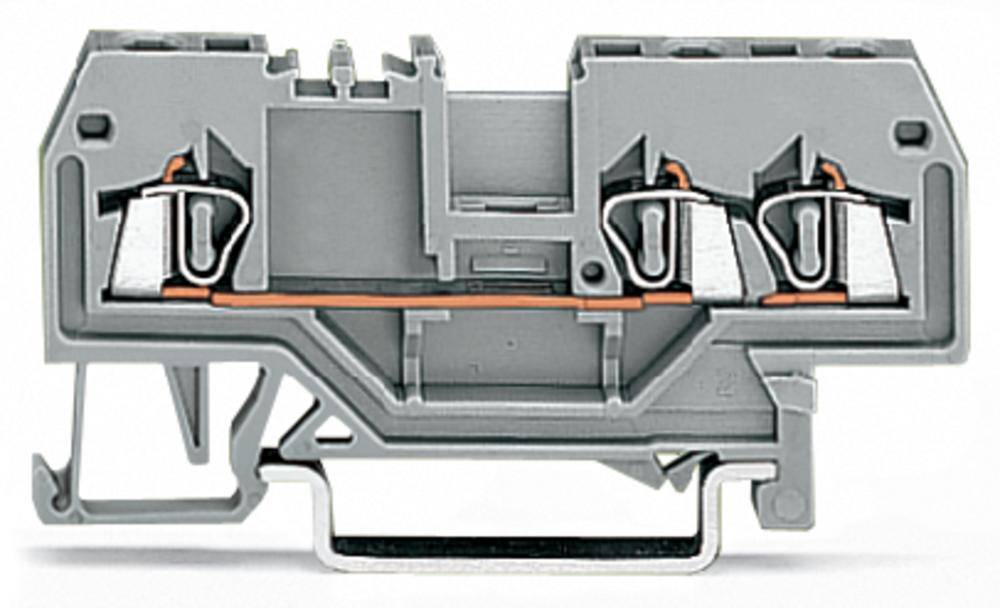 Graue Klemmleiste mit zwei Klemmpunkten, Drahtverbindung sichtbar. Mechanische Teile hervorstehend, montierbar auf DIN-Schiene.