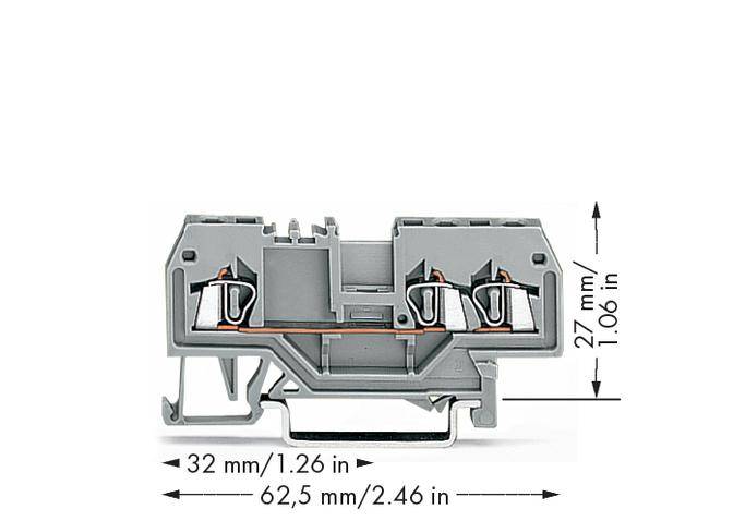 Grau gefärbte Druckklemme mit den Maßen 32 mm Breite, 27 mm Höhe und 62,5 mm Tiefe, abgebildet im Querschnitt.