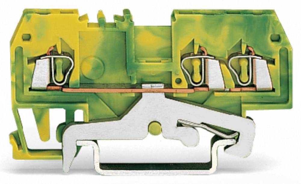 Gelb-grüner Reihenklemmenblock mit drei metallischen Anschlussklemmen, häufig in elektrischen Schaltschränken verwendet.
