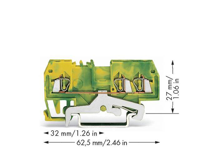 Kompakte elektrische Klemme mit grüner und gelber Isolierung, Länge 62,5 mm, Höhe 27 mm, Breite 32 mm, zwei Verbindungspunkte.