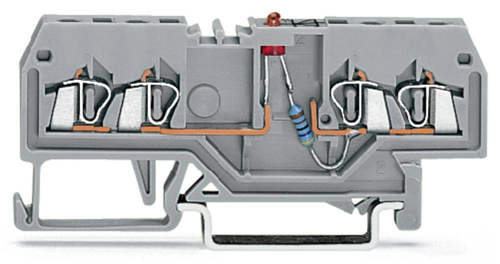 Graue Klemmenleiste mit integrierten Schaltkreisen und Widerstand. Kabelverbindungen sind sichtbar, geeignet für elektrische Installationen.