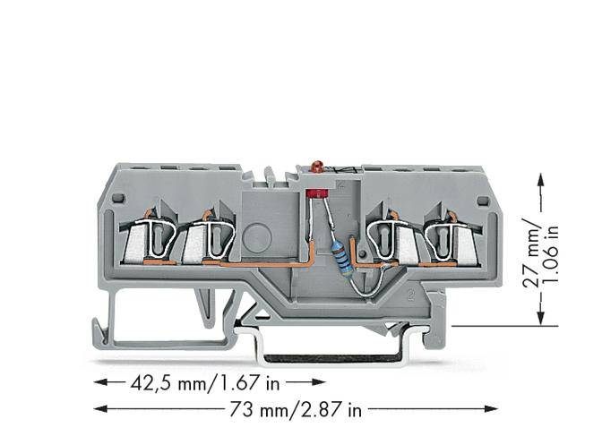 Grau-weiße Klemmenblock-Abbildung mit Abmessungen: 42,5 mm x 73 mm x 27 mm. Produkt zur elektrischen Verbindung und Verteilung.