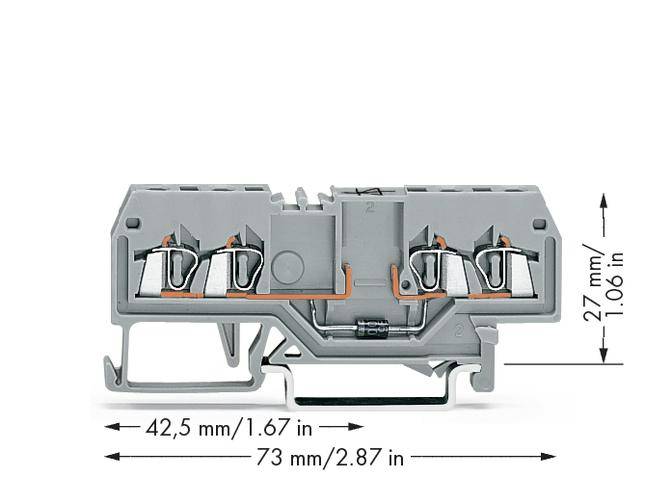 Doppeldecker-Reihenklemme, grau, mit Hebel, Maße: 42,5 mm breit, 73 mm lang, 27 mm hoch.