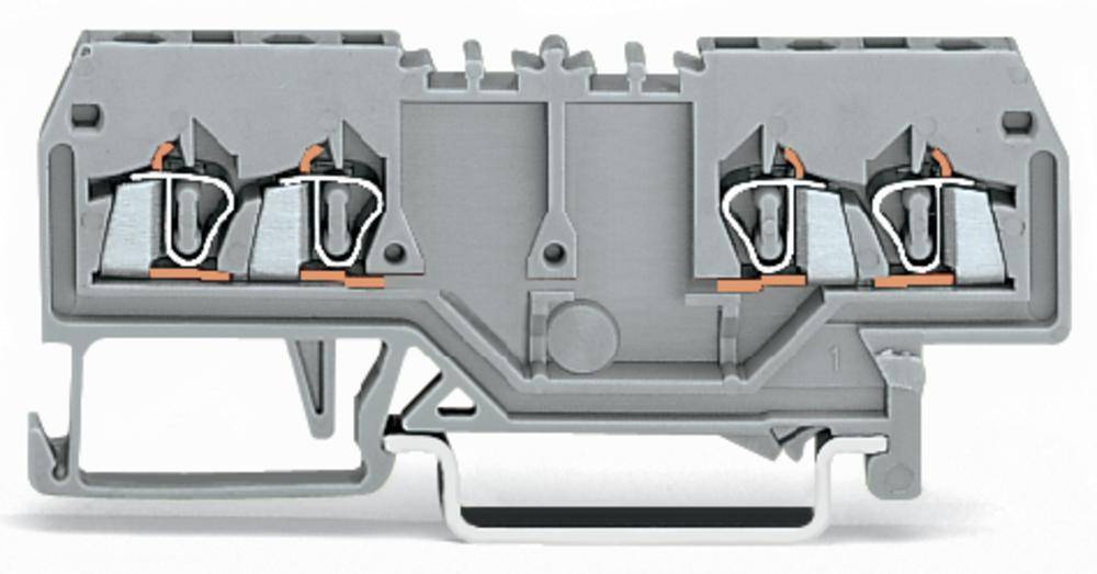 Ein grauer, rechteckiger Klemmenblock mit vier Anschlussklemmen, jeweils mit Metallklemmen und Kupferdrähten zur elektrischen Verbindung.