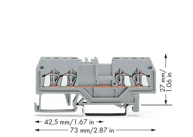 Ein grauer elektrischer Reihenklemmenblock mit den Maßen 42,5 mm x 27 mm x 73 mm, der zur Verbindung von elektrischen Leitungen dient.