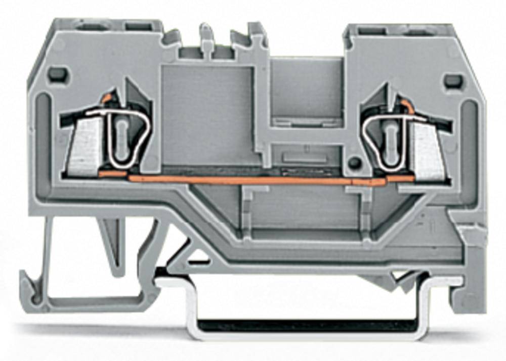 Ein grauer elektrischer Reihenklemmstein mit mehreren Anschlüssen und einer Klemmvorrichtung, zur Befestigung auf DIN-Schienen geeignet.