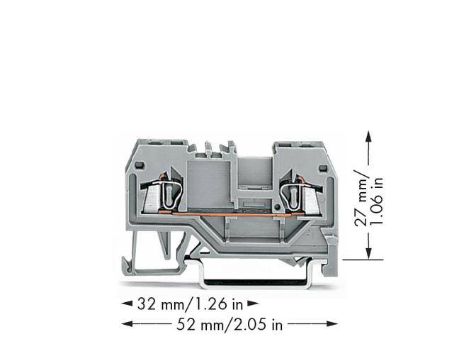 Verdrahtungsklemme, graue Gehäusefarbe, Abmessungen: 32 mm Breite, 27 mm Höhe, 52 mm Länge.