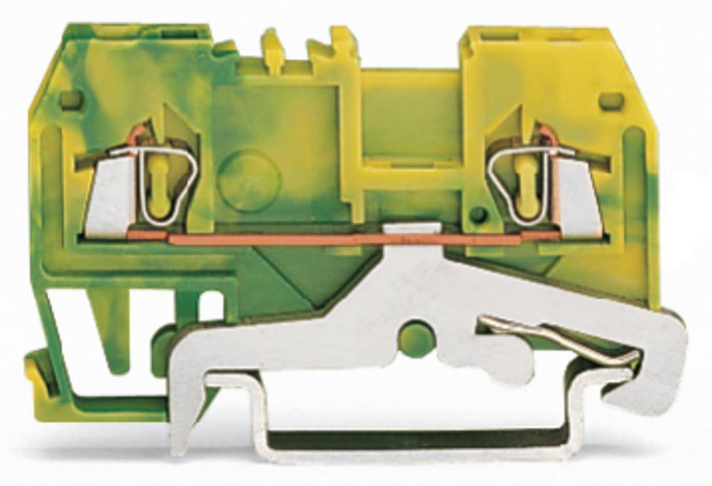 Bild eines grünen und gelben Reihenklemmenmoduls mit Metallkontakten, das in elektrischen Schaltschrankinstallationen verwendet wird.