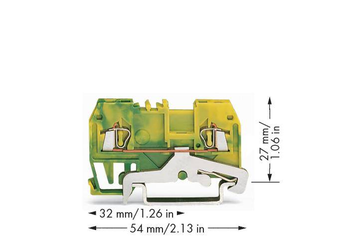Kompakte grün-gelbe elektrische Klemme mit Abmessungen: 32 mm Breite, 54 mm Länge, 27 mm Höhe.