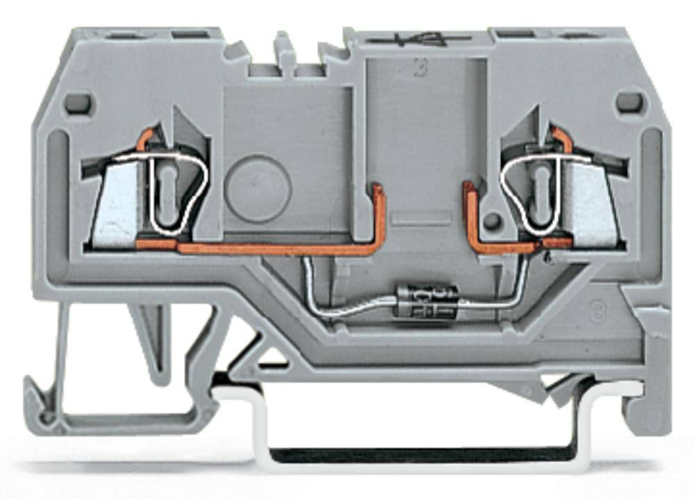 Elektrischer Reihenklemmblock in grauer Farbe, zeigt Innenverkabelung und Anschlüsse, Verwendung in Schaltschränken.