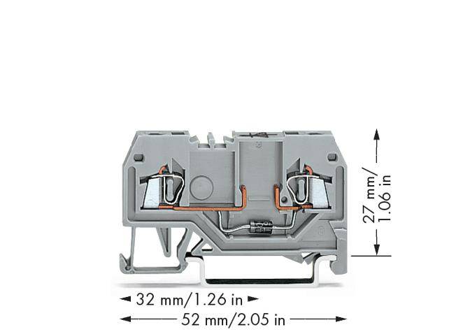 Graue Anschlussklemme mit Abmessungen: 32 mm Breite, 52 mm Länge, 27 mm Höhe. Enthält zwei metallene Verbindungselemente.