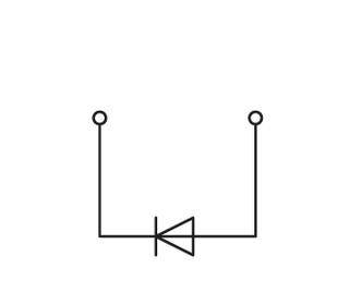 Schaltplan mit einer Diode zwischen zwei Verbindungspunkten, zeigt Stromflussrichtung von links nach rechts.