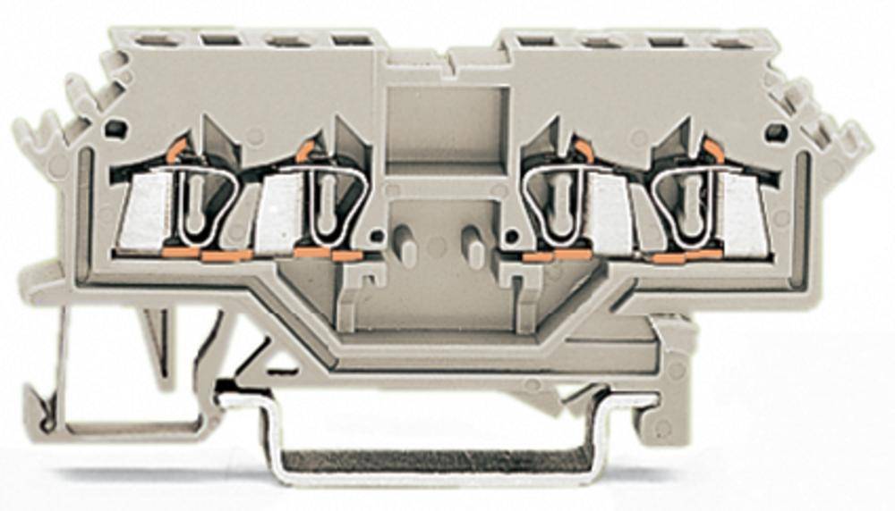 Grau-weiße elektrische Klemmleiste mit vier Spannklemmen und Montageschiene, geeignet für den Anschluss mehrerer Kabelstränge.
