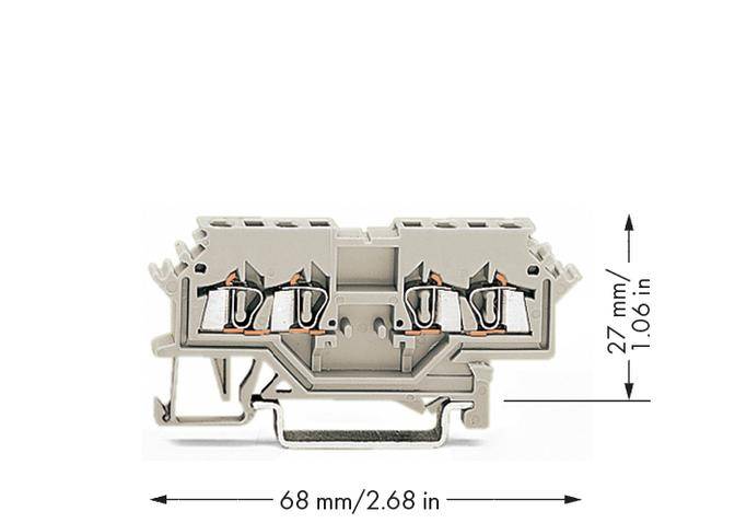 Grauer Reihenklemmenblock mit Maßen: Breite 68 mm, Höhe 27 mm. Geeignet für elektrische Verdrahtung auf einer DIN-Schiene.