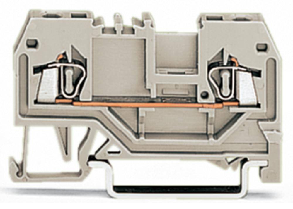 Graue elektrische Klemmleiste, Querschnitt sichtbar. Zeigt die internen Verbindungen und Anschlüsse.