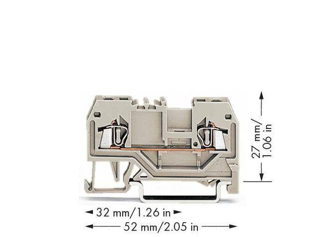 Abgebildet ist eine graue Klemme mit den Maßen: 32 mm (Breite) und 27 mm (Höhe). Darunter ist eine Breite von 52 mm angegeben.