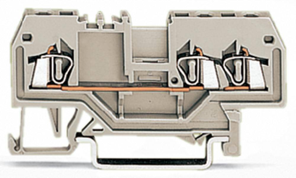 Ein grauer elektrischer Klemmenblock mit drei Kupferleitern, symmetrisch angeordnet. Verwendet zur Verteilung elektrischer Verbindungen.