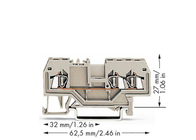 Industrieklemme mit den Maßen 32 mm x 27 mm x 62,5 mm. Geeignet für elektrische Anschlüsse, mit zwei Drahtaufnahmen oben.