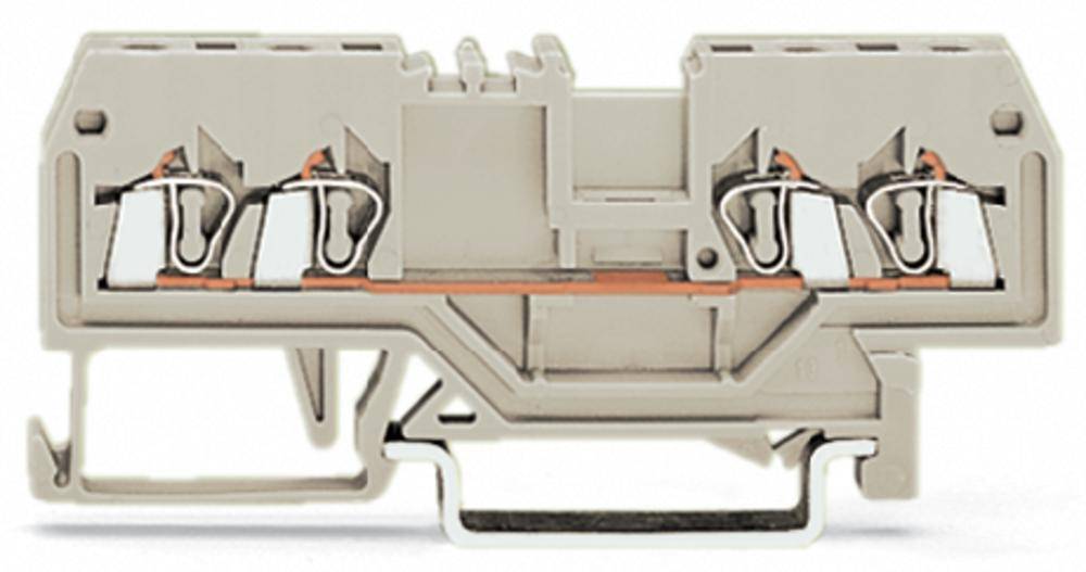 Ein grauer elektrischer Reihenklemmenblock mit mehreren Anschlussstellen, die für Verdrahtungs- oder Schaltungsanwendungen verwendet werden können.
