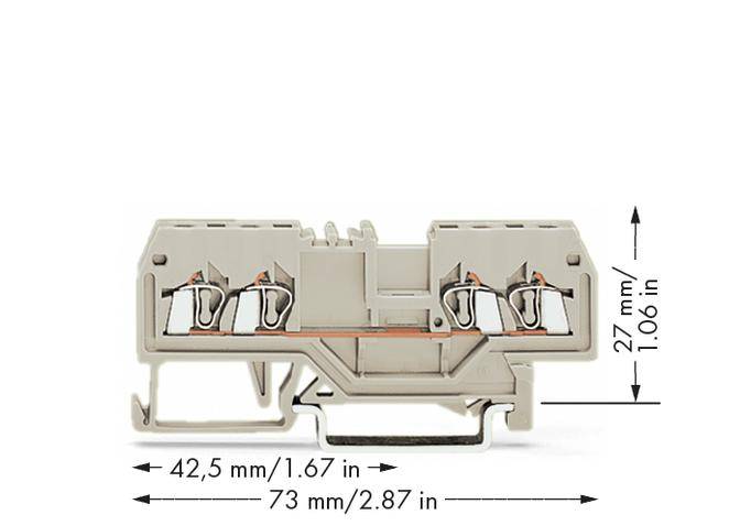 Eine graue Reihenklemme mit vier Klemmplätzen, abgebildet mit angegebenen Maßen: 42,5 mm/1,67 in Breite und 27 mm/1,06 in Höhe.