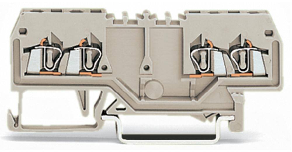 Ein graues Klemmengehäuse mit offenen Befestigungsklemmen. Es hat vier gut sichtbare Kontakte zum Anschließen von Kabeln.