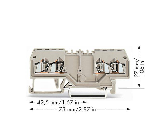 Ein graues, rechteckiges Verbindungselement mit vier metallischen Kontakten, umrahmt von Pfeilen und Abmessungen: 42,5 mm x 27 mm.