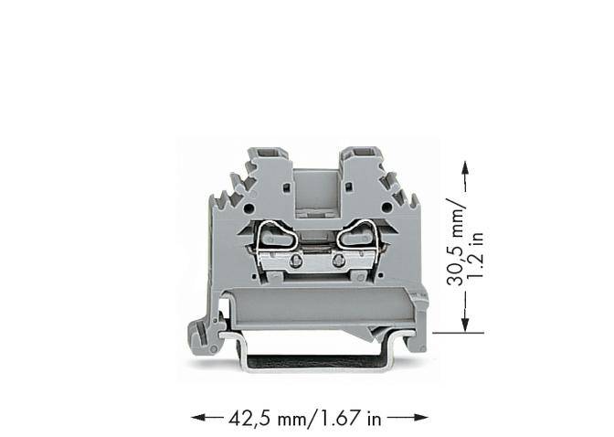 Grau-weiße Klemme mit Maßen: 42,5 mm Breite, 30,5 mm Höhe.