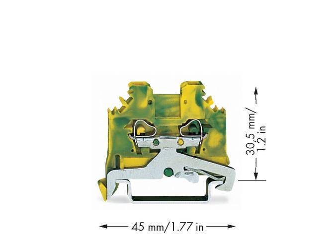 Metallteil in gelb-grüner Halterung, 45 mm breit und 30,5 mm hoch, mit zwei metallischen Klammern, vermutlich zum Befestigen.