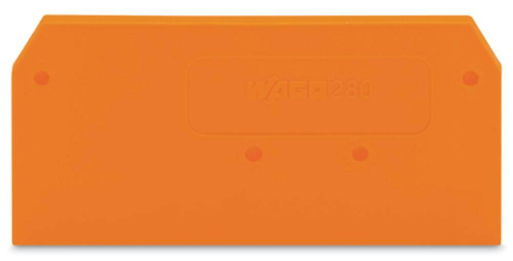 Ein rechteckiges, orangefarbenes Plastikteil mit abgeschrägten Ecken, sechs Bohrungen und der Aufschrift 'WAGO 2080'.