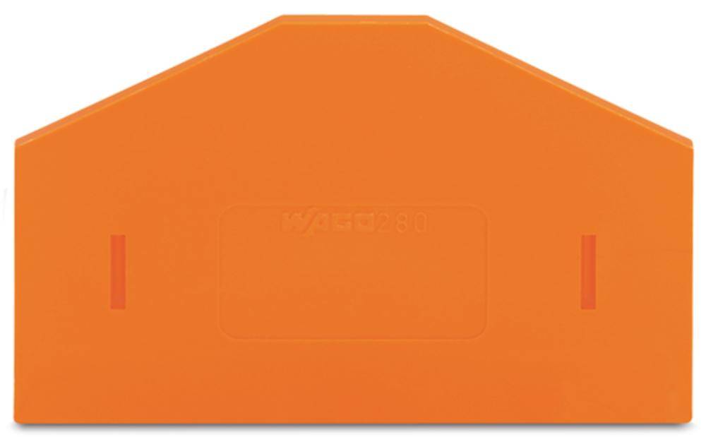 Ein orangefarbenes, trapezförmiges Kunststoffteil mit glatten Kanten und kleinen Einkerbungen links und rechts.