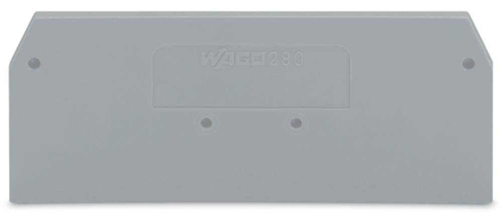 Grauer Abdeckdeckel für Anschlussklemme, rechteckige Form mit drei Löchern und beschrifteter Oberseite.