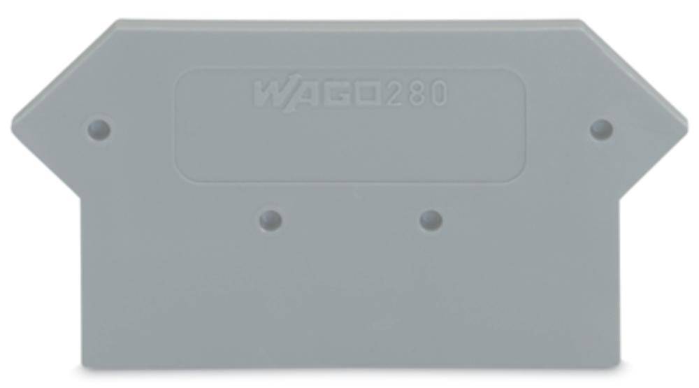 Graue Abdeckplatte mit der Prägung 'WAGO 280', enthält drei Befestigungslöcher, dient zum Schutz und zur Abgrenzung von elektrischen Komponenten.