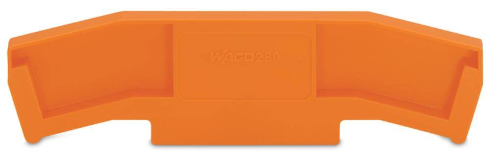 Orangefarbener Kunststoffdeckel mit rechteckiger Form und erhöhtem Rand.