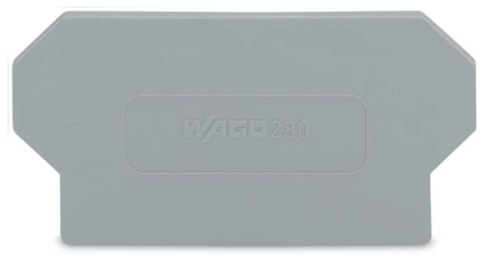 Graue Endklappe mit der Aufschrift 'WAGO 280' in der Mitte, verwendet zur Abdeckung und Isolierung von Klemmen.