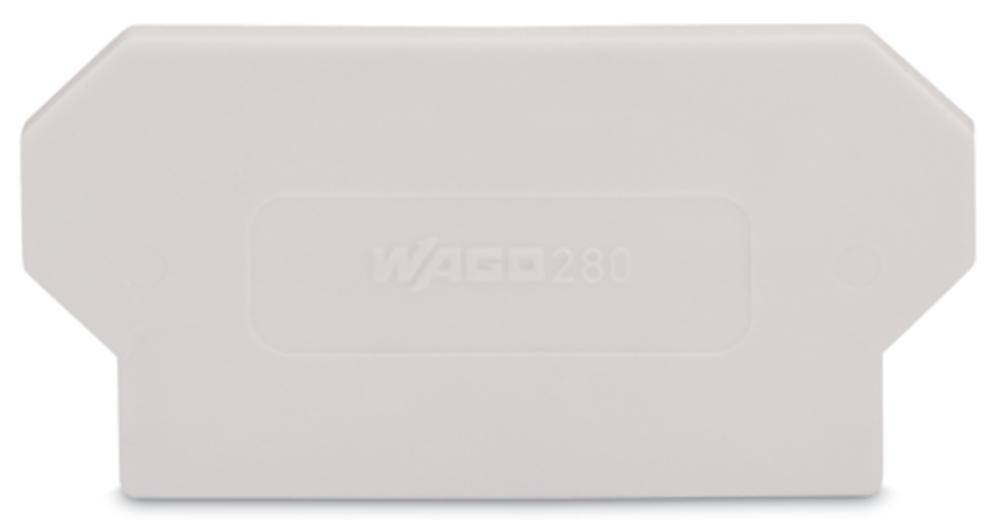 Ein weißer, rechteckiger Plastikdeckel mit abgeschrägten Ecken, passend für Anschlüsse, trägt die Prägung 'WAGO 280'.