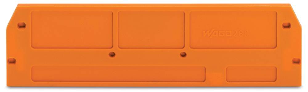 Orange Kunststoffplatte mit rechteckigen Aussparungen und dem Schriftzug 'WAGO', verwendet zur elektrischen Isolierung.