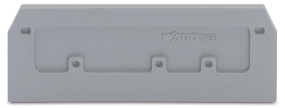 Graue Abdeckung aus Kunststoff mit vertieften Bereichen und sechs Befestigungspunkten, Aufschrift 'WAGO 230' oben rechts.
