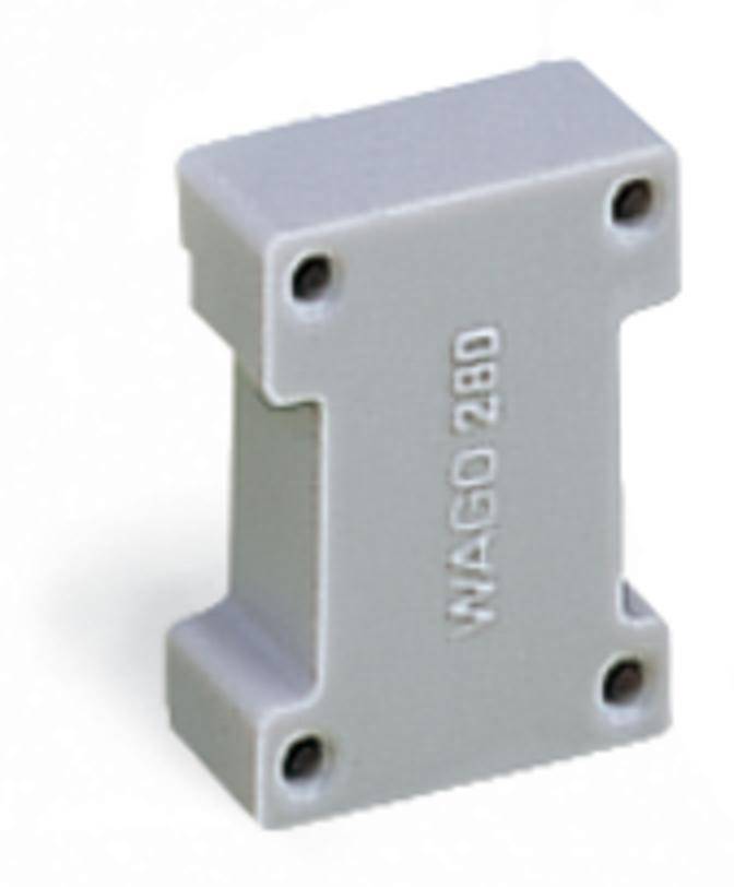 Graues Kunststoffbauteil, rechteckige Form, mit vier Bohrungen an den Ecken und erhabener Aufschrift 'WAGO 280'.