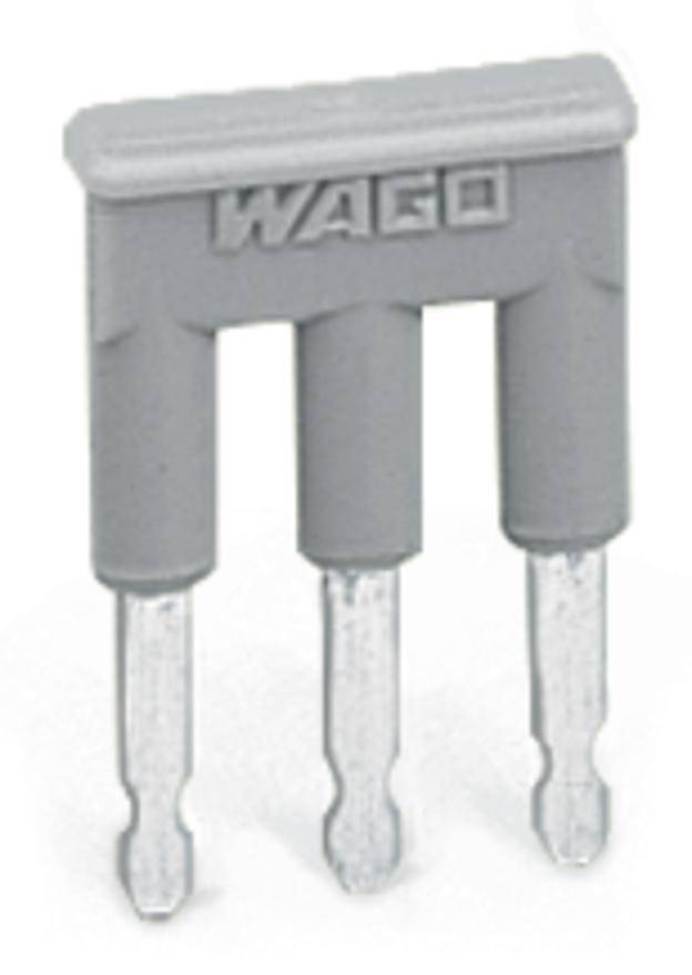 Grauer WAGO-Steckbrücker, dreipolig, als Verbindungselement zur elektrischen Verkabelung.